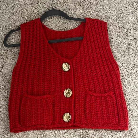 Zara Red V-Neck Sweater Vest with Gold Buttons - Picture 6 of 6